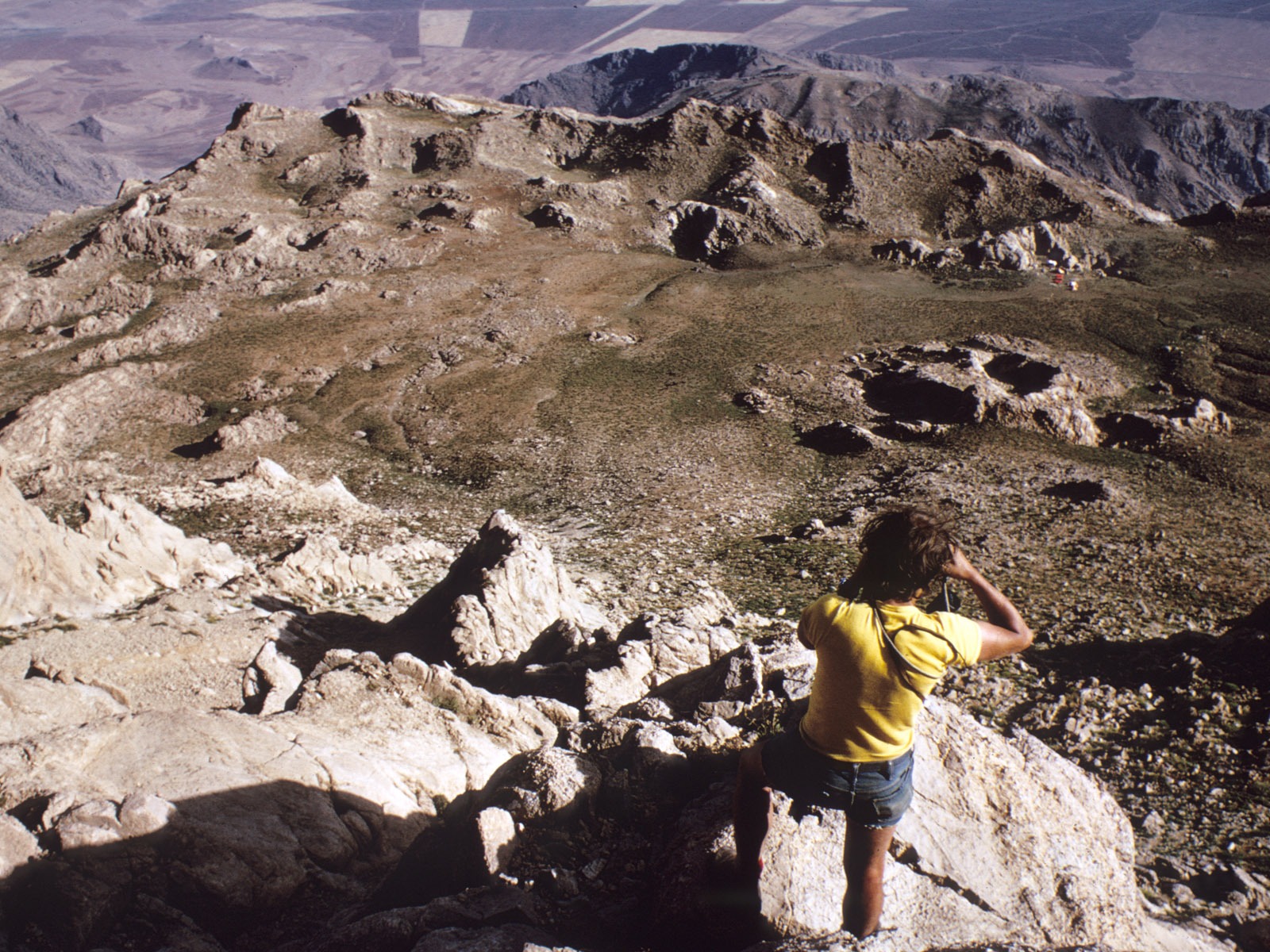The Parau basin, seen from top of mountain, camp on far right (John Whalley)